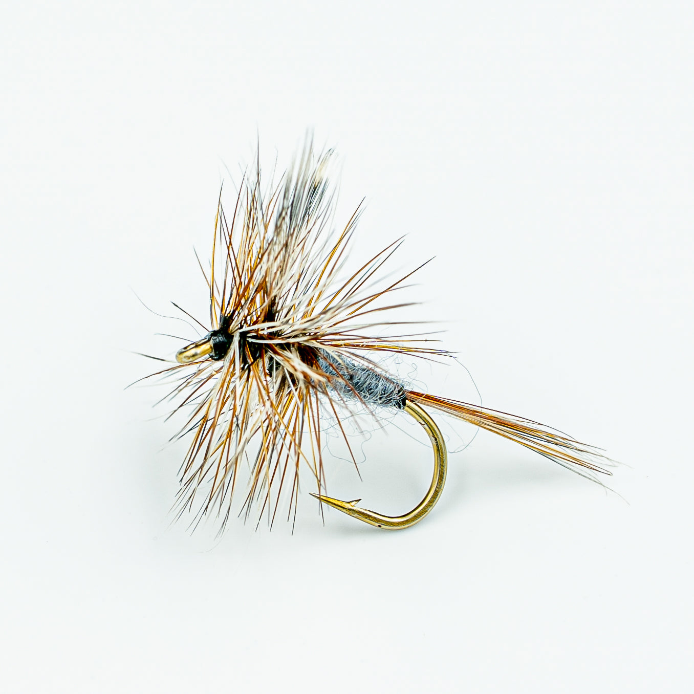 Close-up of Adams Dry Fly trout pattern with gray body and upright wings Adams Dry Fly