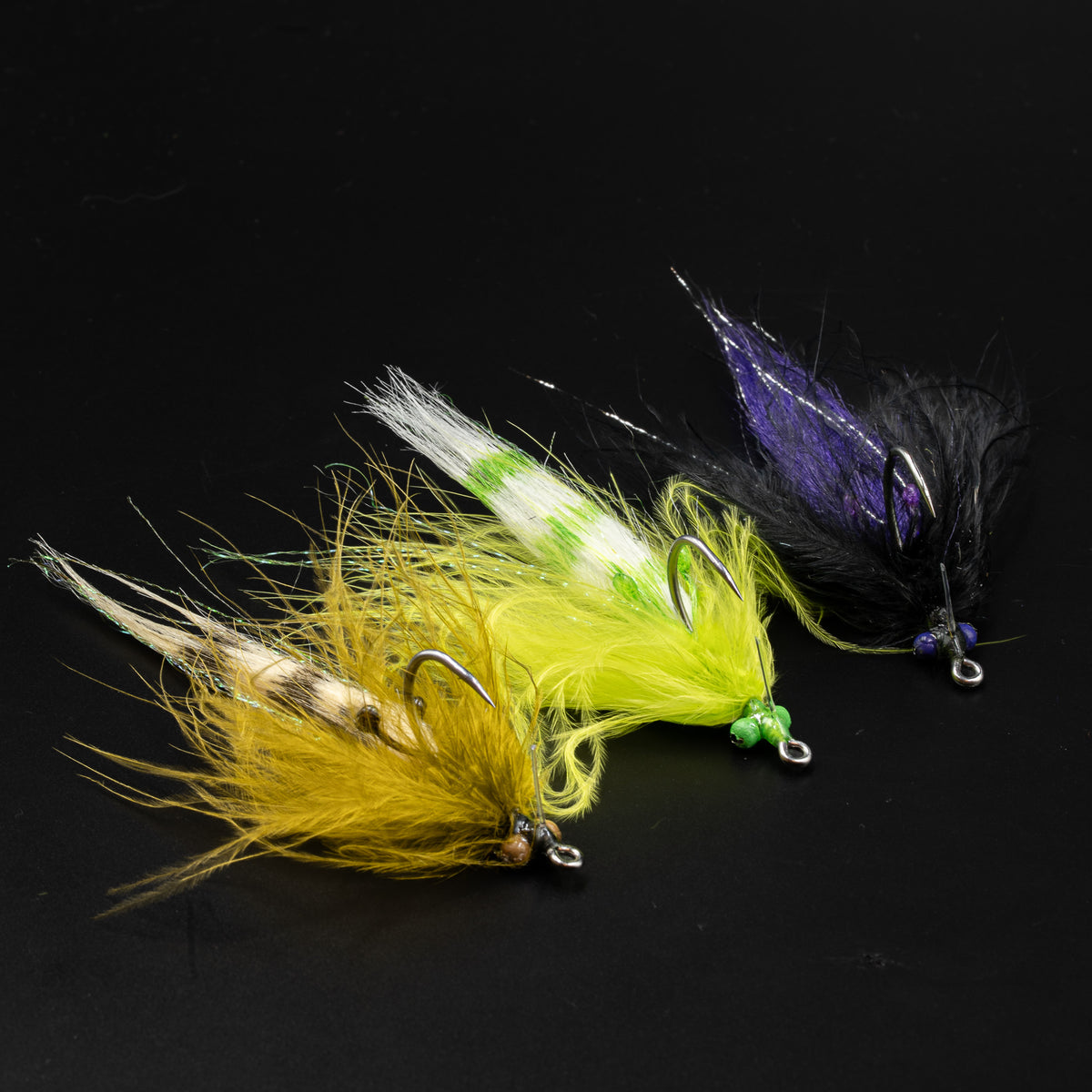 Bedhead Bull redfish flies in Olive, Chartreuse and Purple