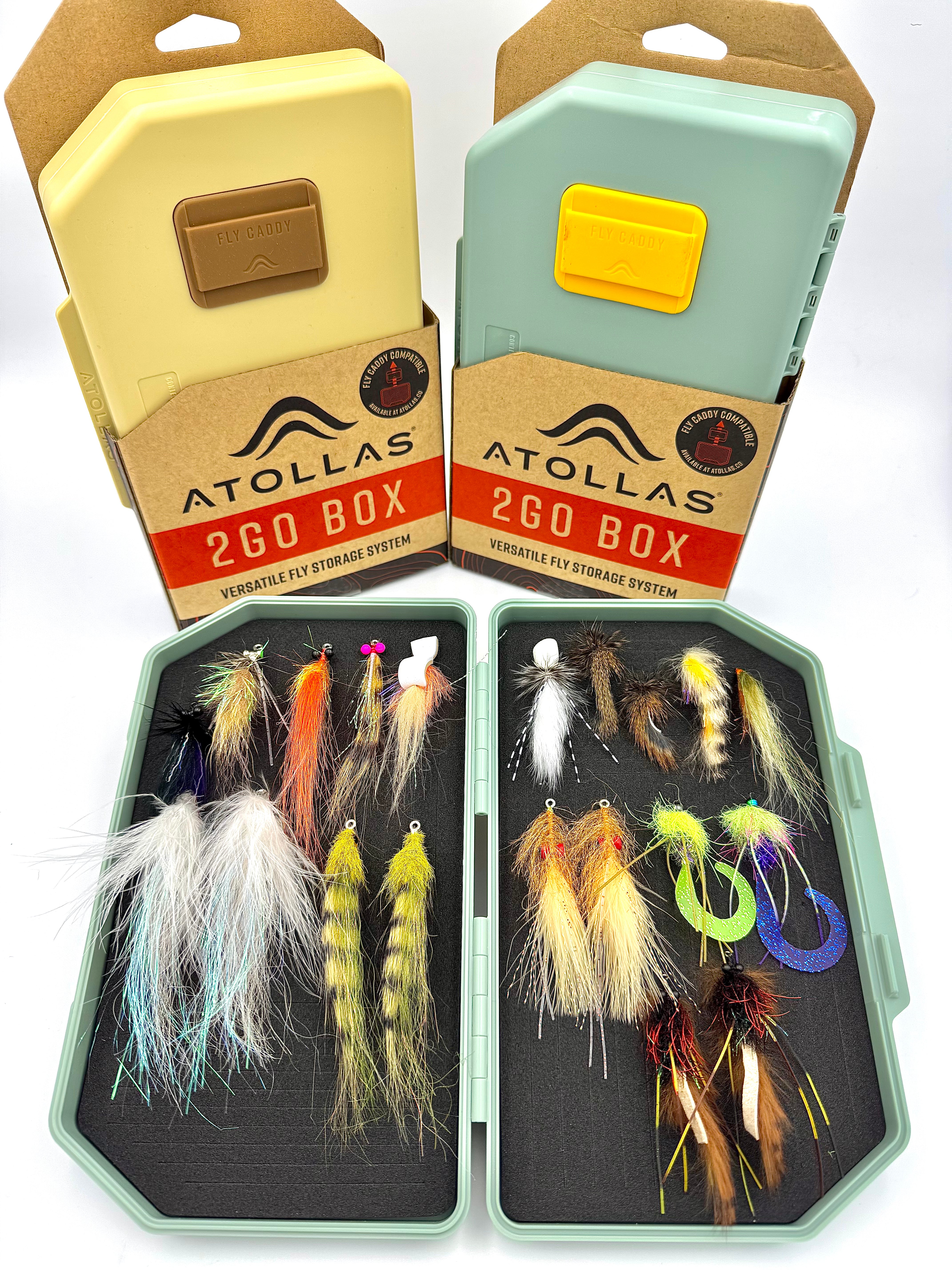 2GO fly box open with foam inserts holding trout and saltwater flies