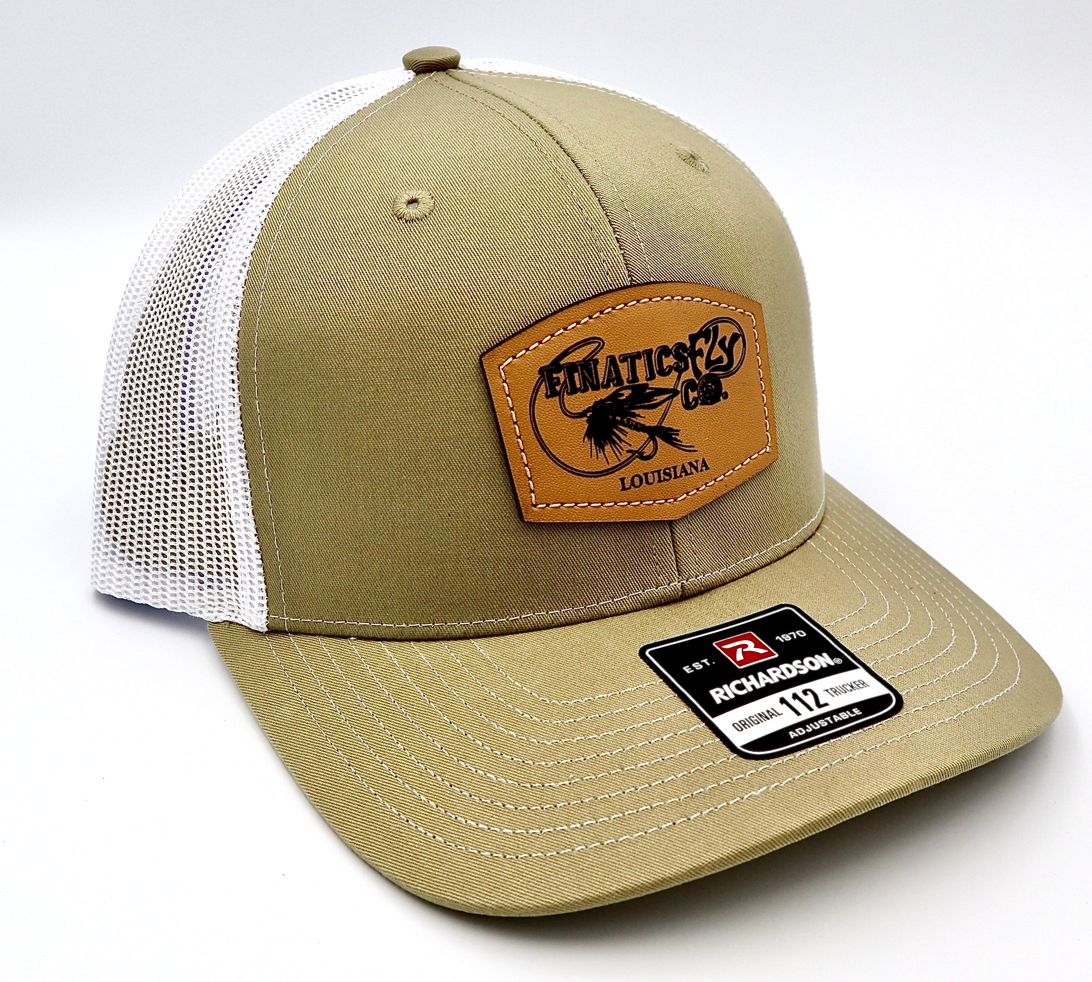 Khaki and White Trucker Leather Patch Hat – Finatics Fly Company