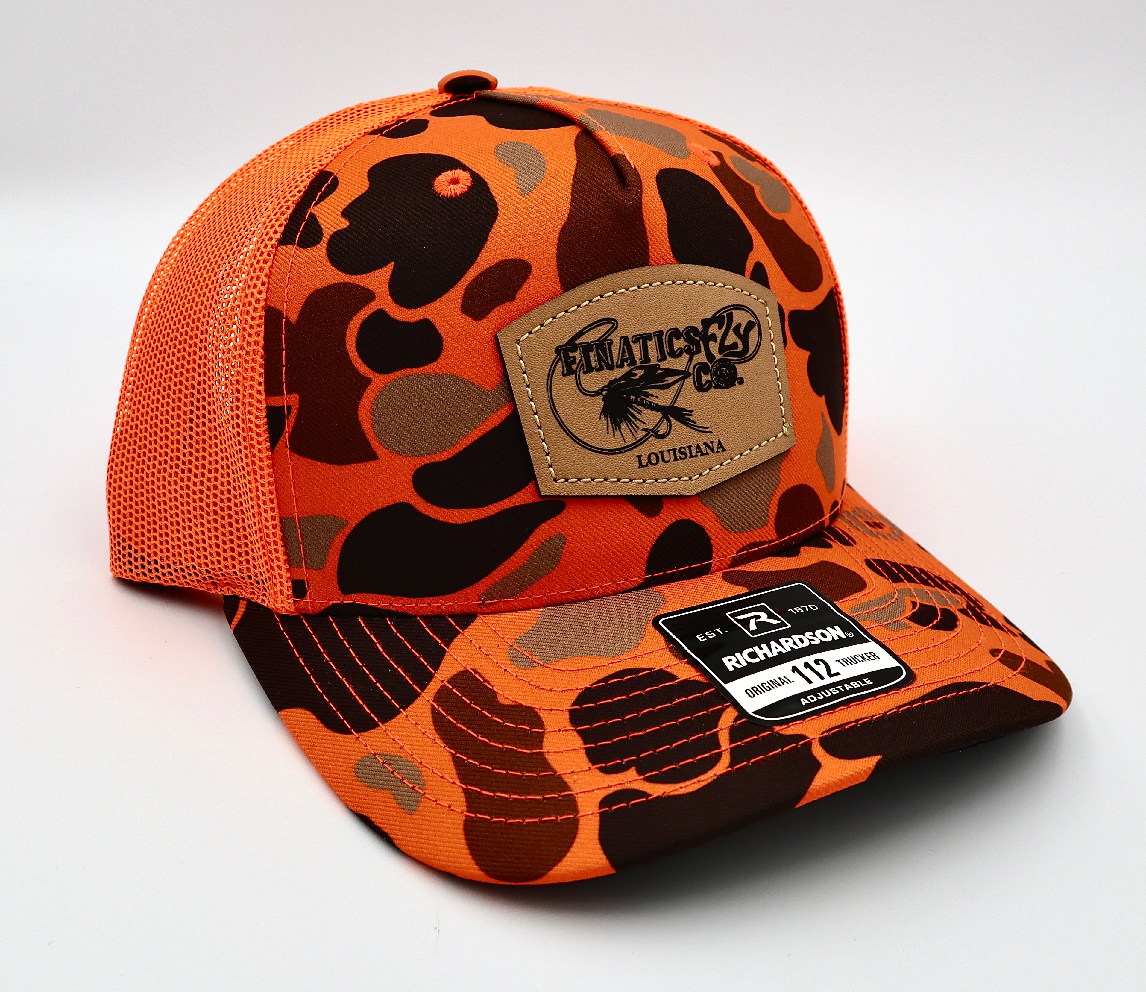 Hunter Orange Duck Camo Leather Patch Hat– Finatics Fly Company