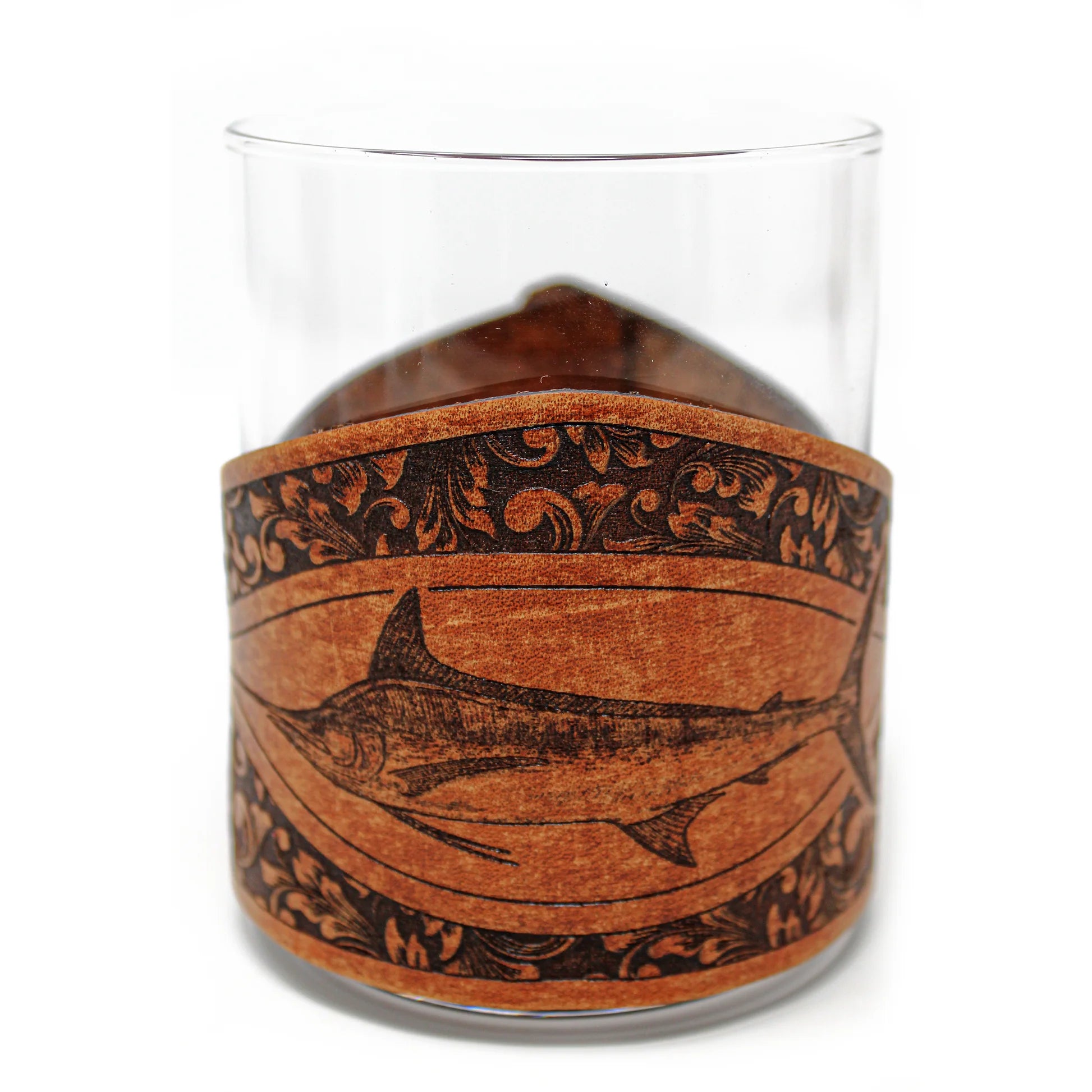 Whiskey Glass Leather Wrap - Marlin Engraver glass