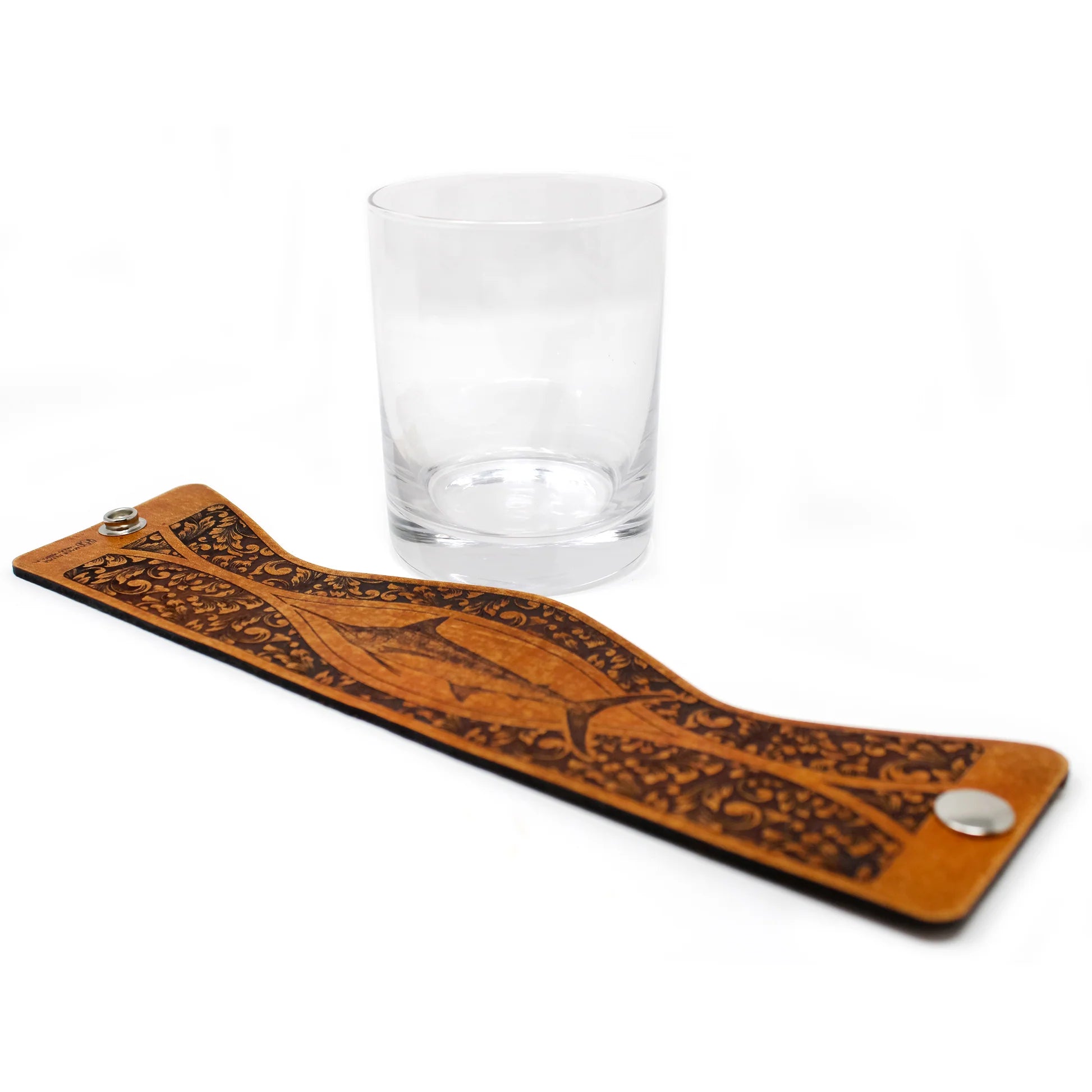 Whiskey Glass Leather Wrap - Marlin Engraver glass