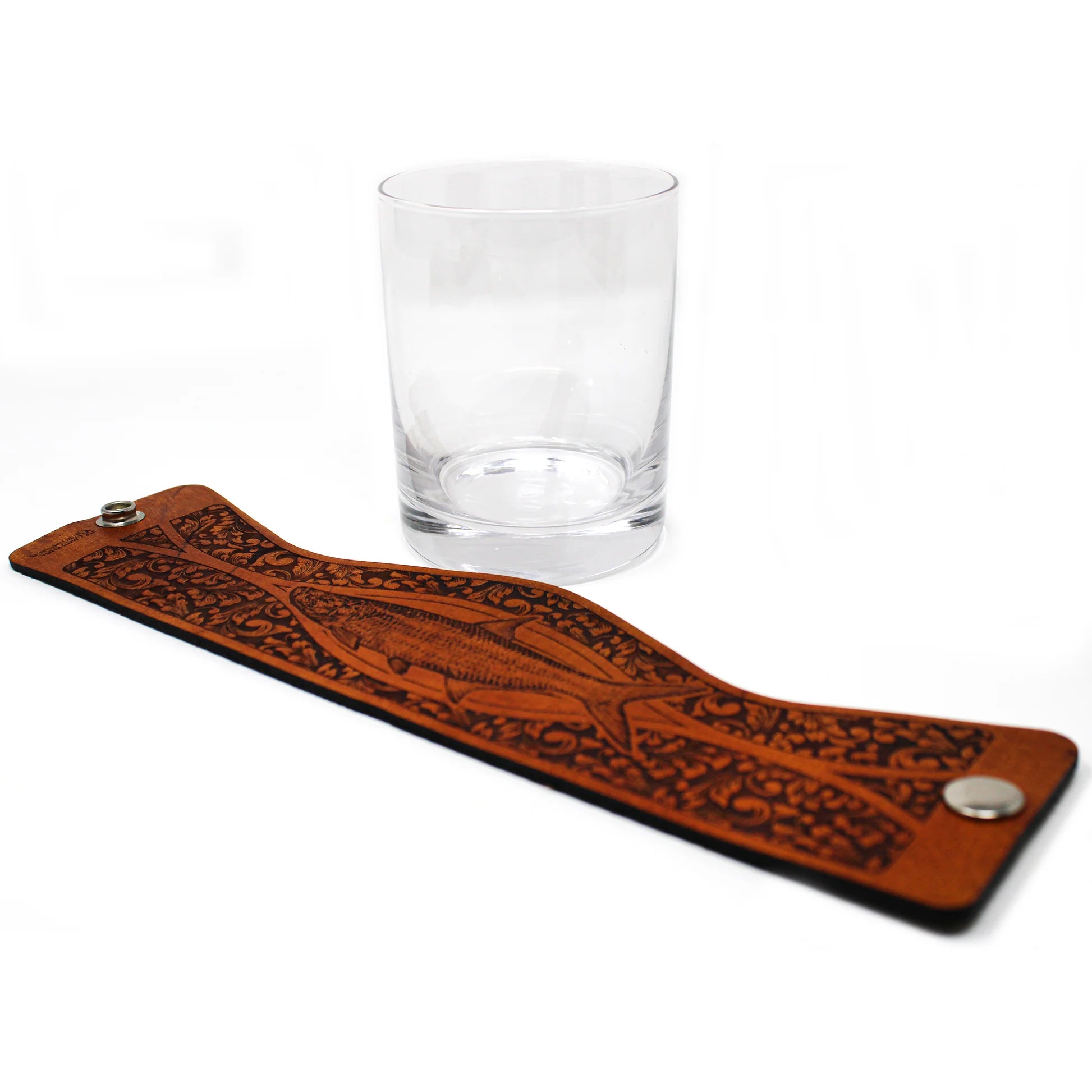 Whiskey Glass Leather Wrap - Tarpon Engraver glass