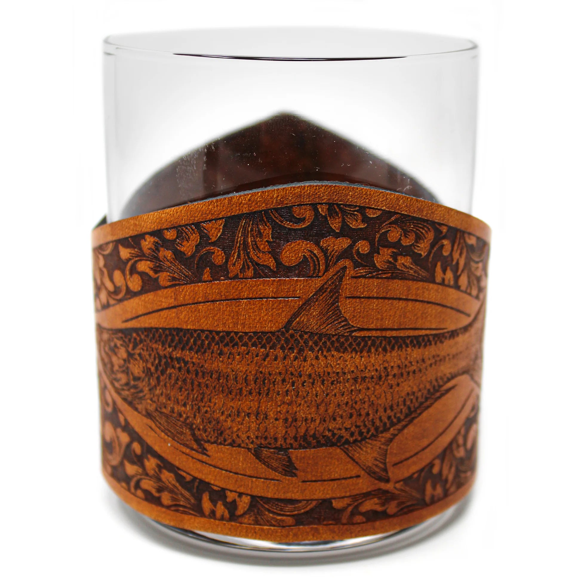 Whiskey Glass Leather Wrap - Tarpon Engraver glass