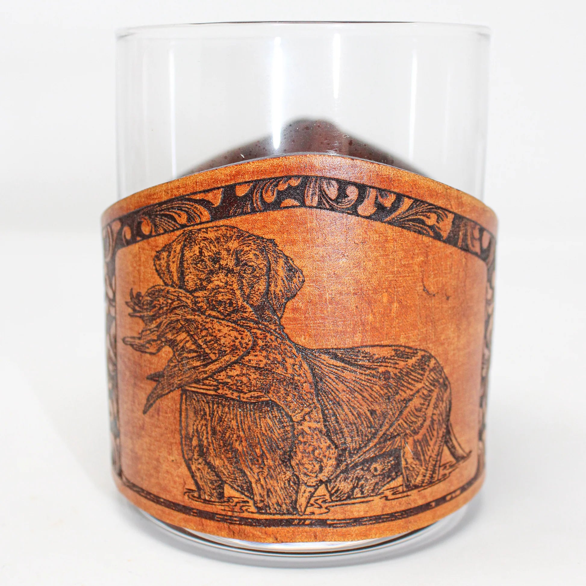 Whiskey Glass Leather Wrap - Mallard Retreived Bird Dog Engraver glass