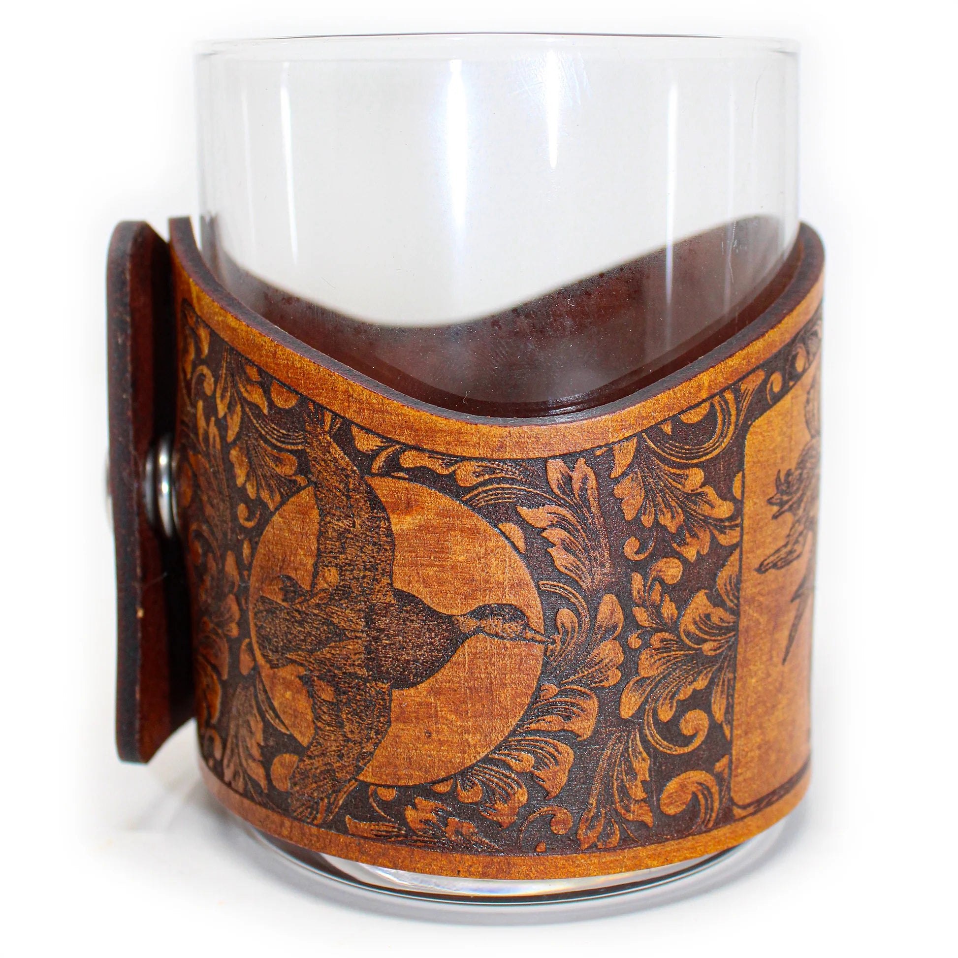 Whiskey Glass Leather Wrap - Mallard Retreived Bird Dog Engraver glass
