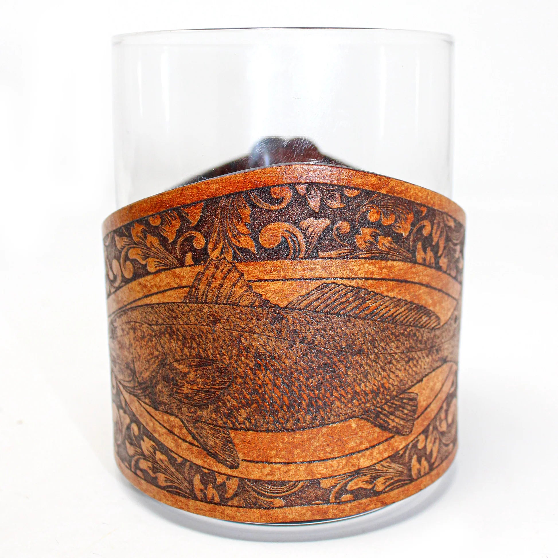 Whiskey Glass Leather Wrap - SC Style Redfish Engraver glass