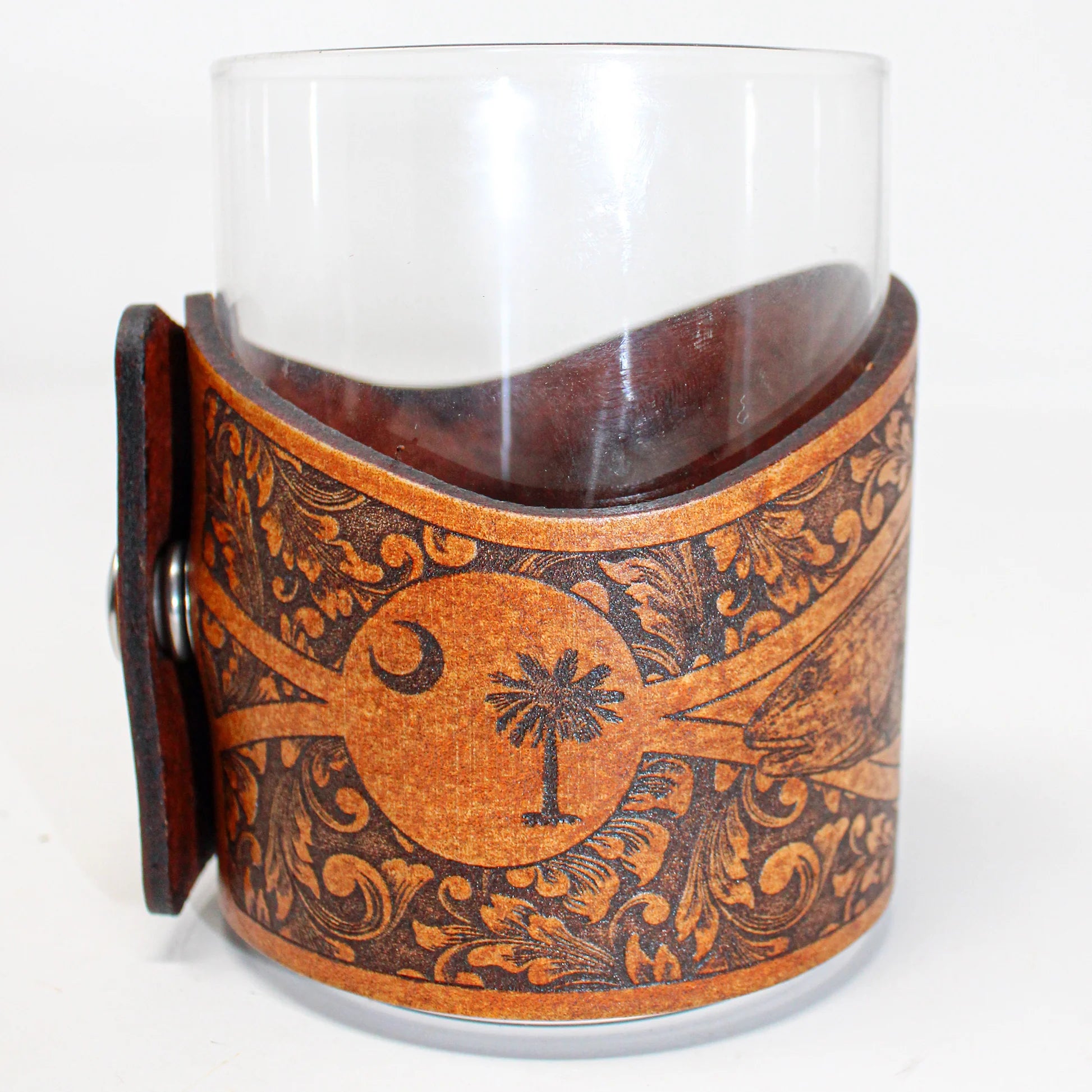 Whiskey Glass Leather Wrap - SC Style Redfish Engraver glass