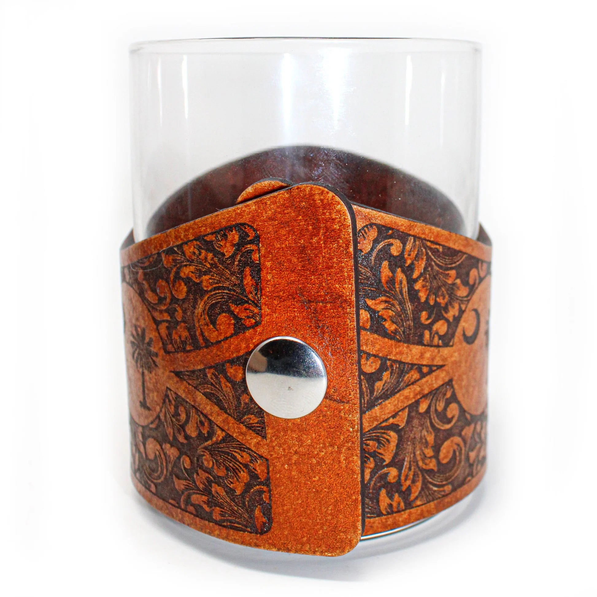 Whiskey Glass Leather Wrap - SC Style Redfish Engraver glass