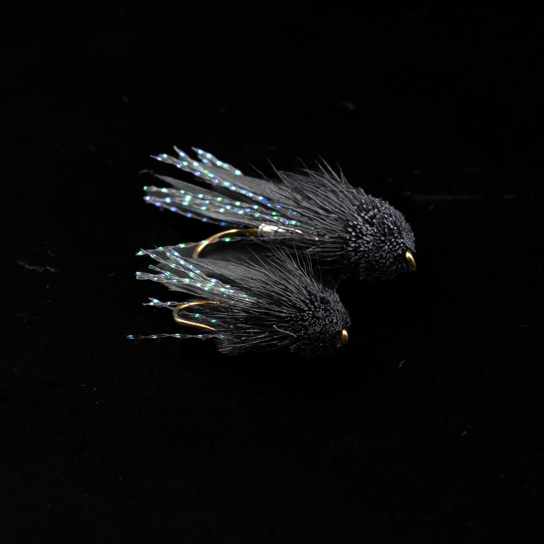 Black Muddler Minnow with pearl Flashabou wing by FINATICS - low-light and stained-water streamer on Daiichi 1710