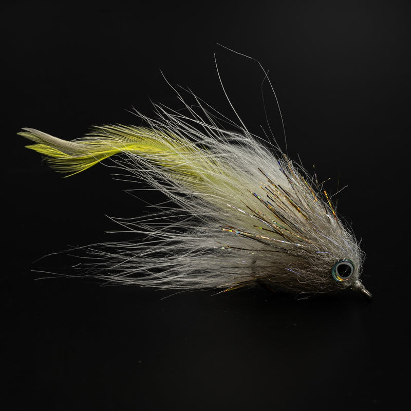 Motion Minnow saltwater baitfish fly tied by Delta Fly Works in chartreuse on Ahrex SA270 2/0 hook