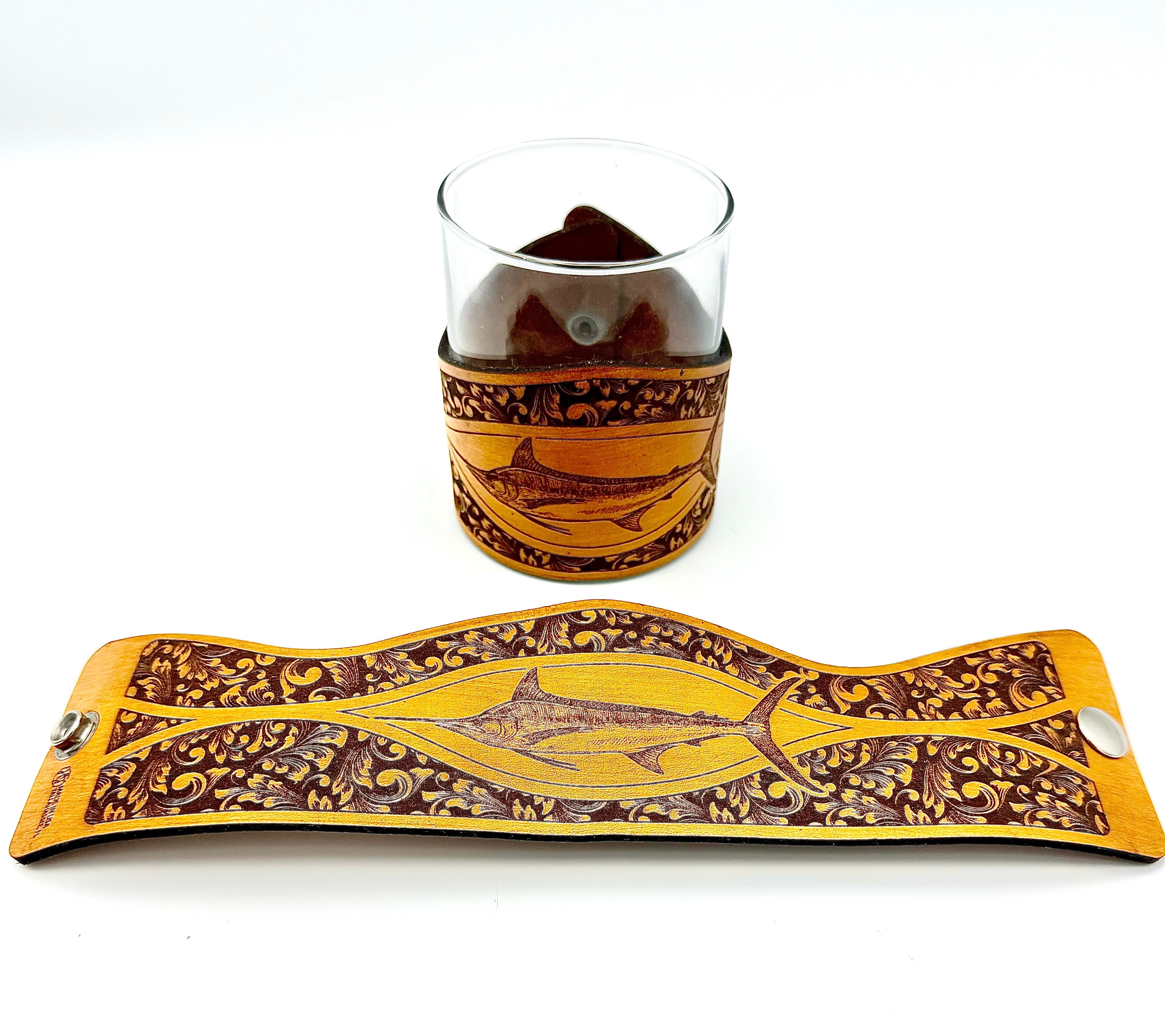 Whiskey Glass Leather Wrap - Marlin Engraver glass