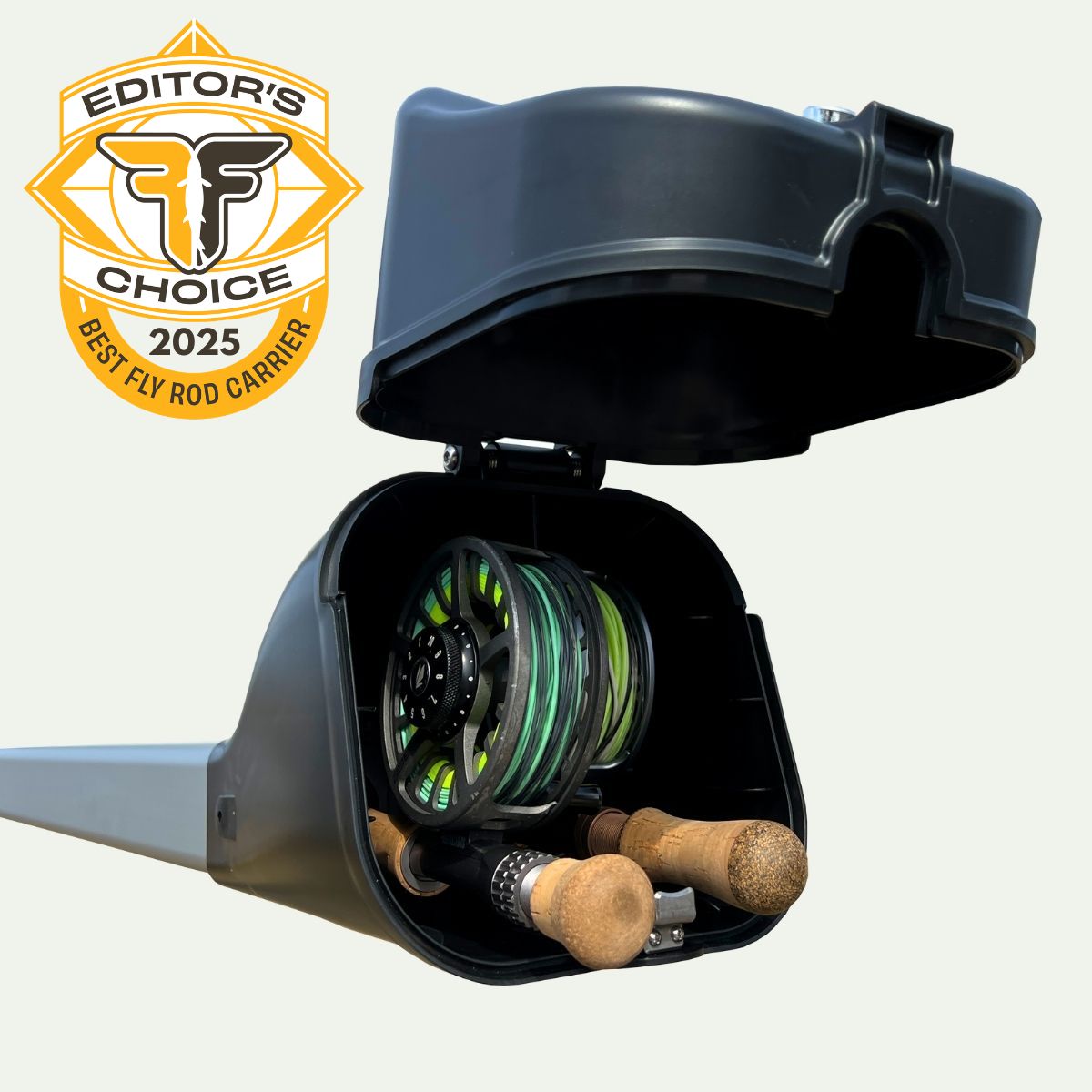 TRXSTLE CRC V3.0 silver fly rod carrier with open reel housing; rods and reels shown are not included