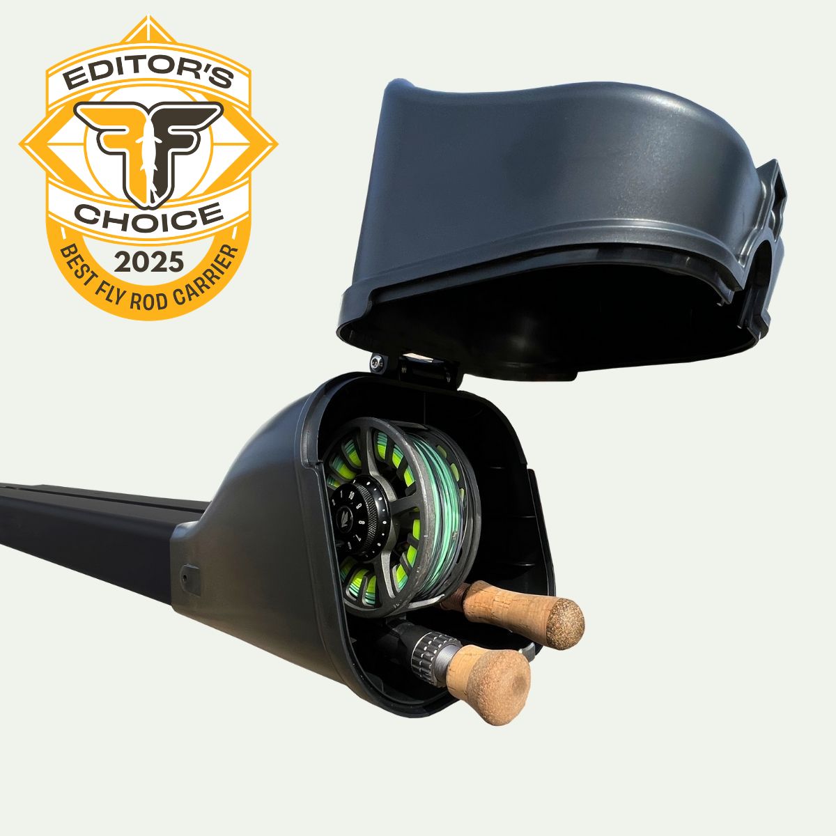 TRXSTLE CRC V3.0 black fly rod carrier with open reel housing; rods and reels shown are not included
