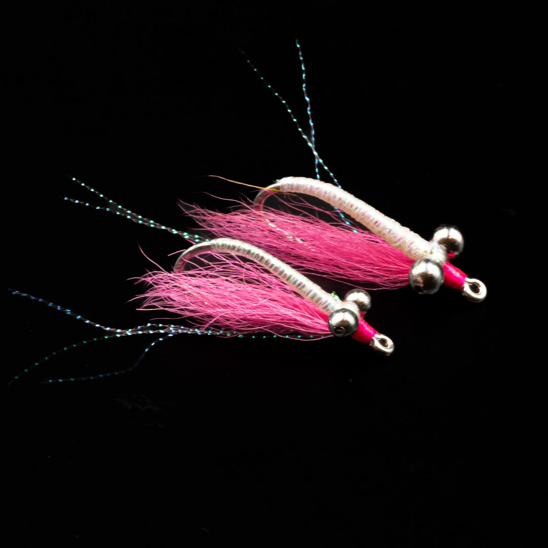 Crazy Charlie Light Bead Chain bonefish flies by FINATICS - Pink with silver bead chain eyes on Gamakatsu SL11 sizes 4 and 6