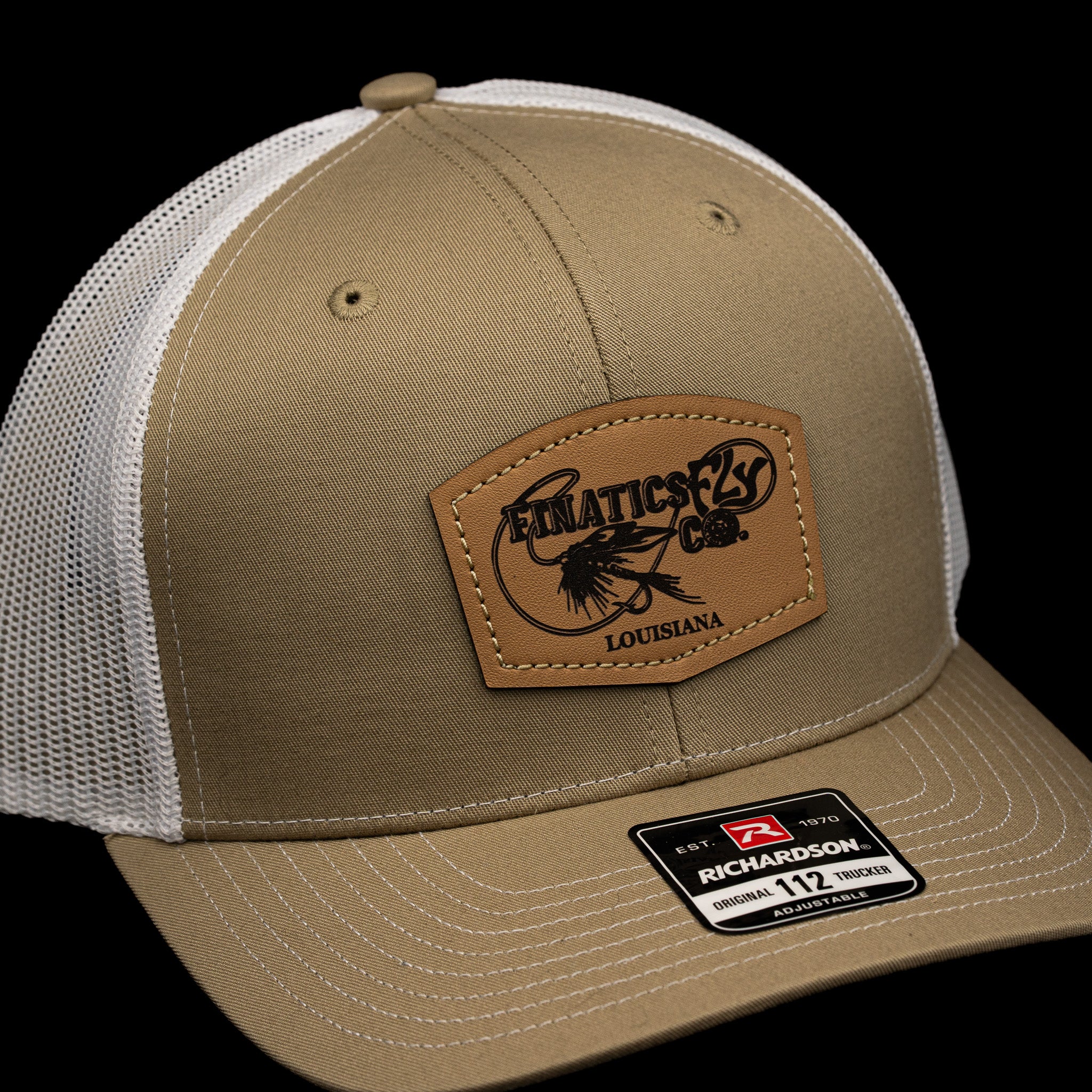Khaki and White Trucker Leather Patch Hat – Finatics Fly Company