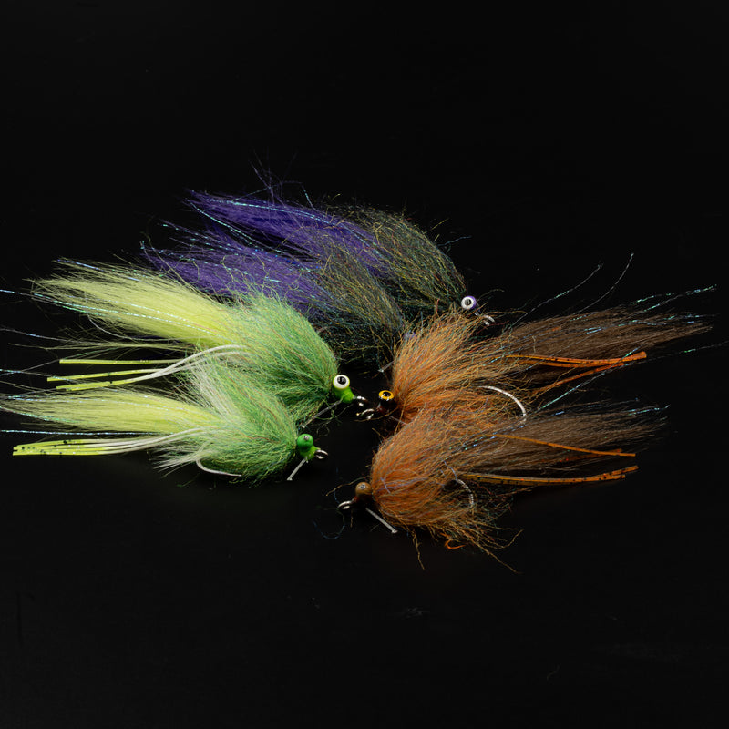 Bull Red Fred redfish fly in 1/0 Med Lead and #2 Bead Chain sizes - Black/Purple, Chartreuse, Orange/Brown - FINATICS Fly Company