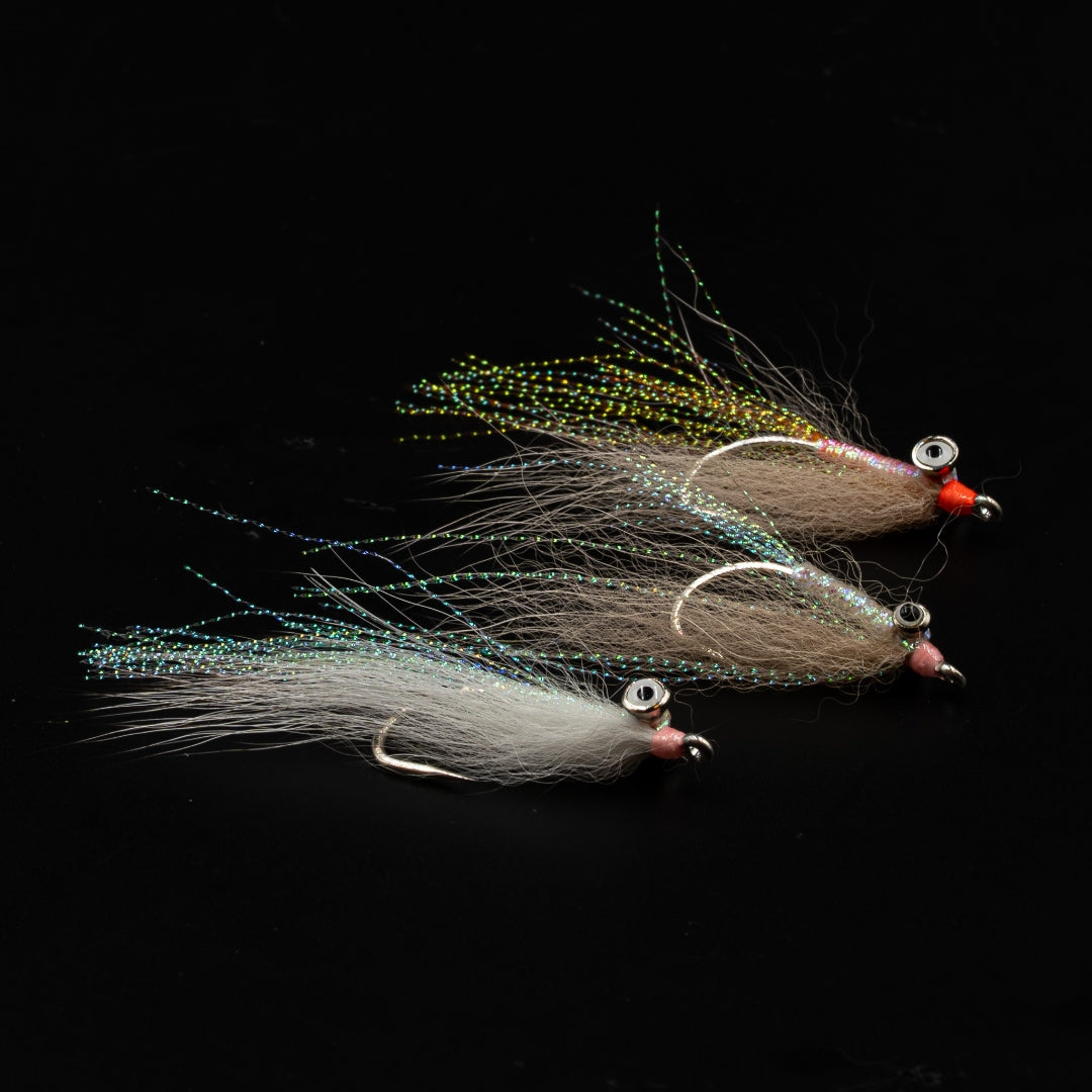 Gotcha Heavy bonefish flies by FINATICS - Tan, Pearly White, Orange Tango with lead eyes on Gamakatsu SL11