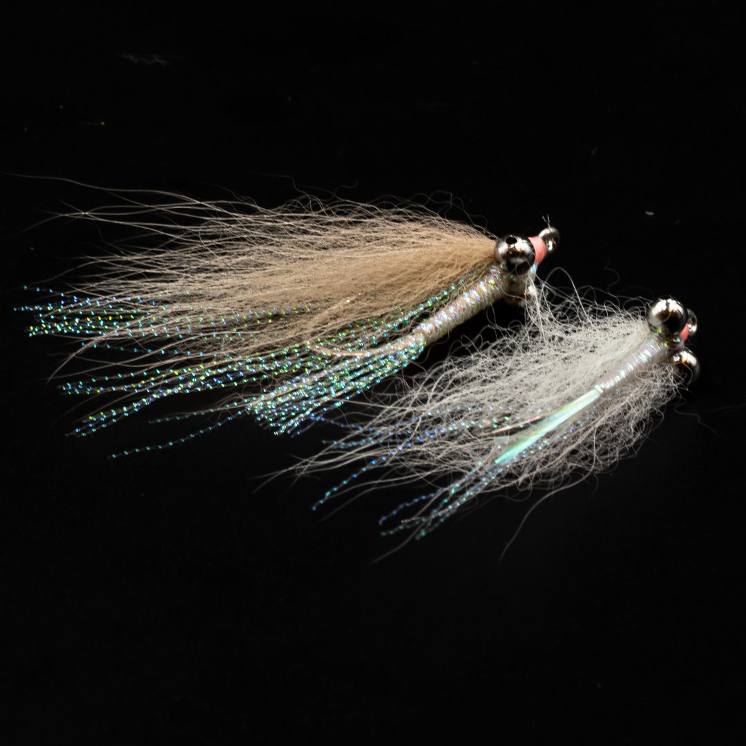 Gotcha Light bonefish flies by FINATICS - Tan and Pearl with silver bead chain eyes on Gamakatsu SL11