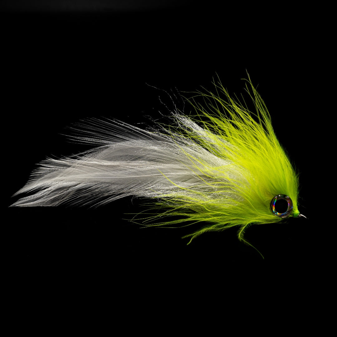 Hot Mess 5/0 chartreuse and white big game streamer by FINATICS Fly Company