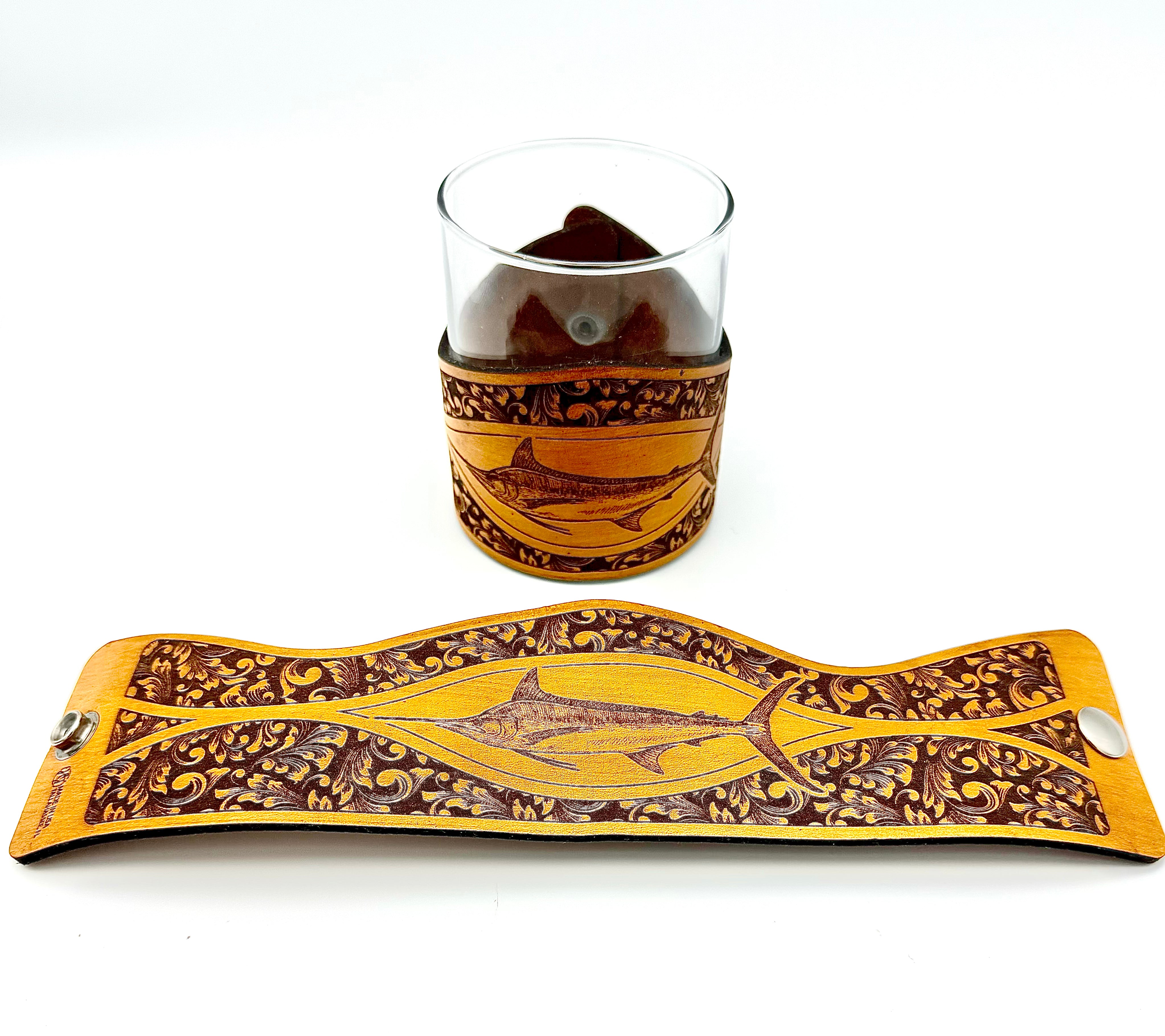 Whiskey Glass Leather Wrap - Marlin Engraver glass