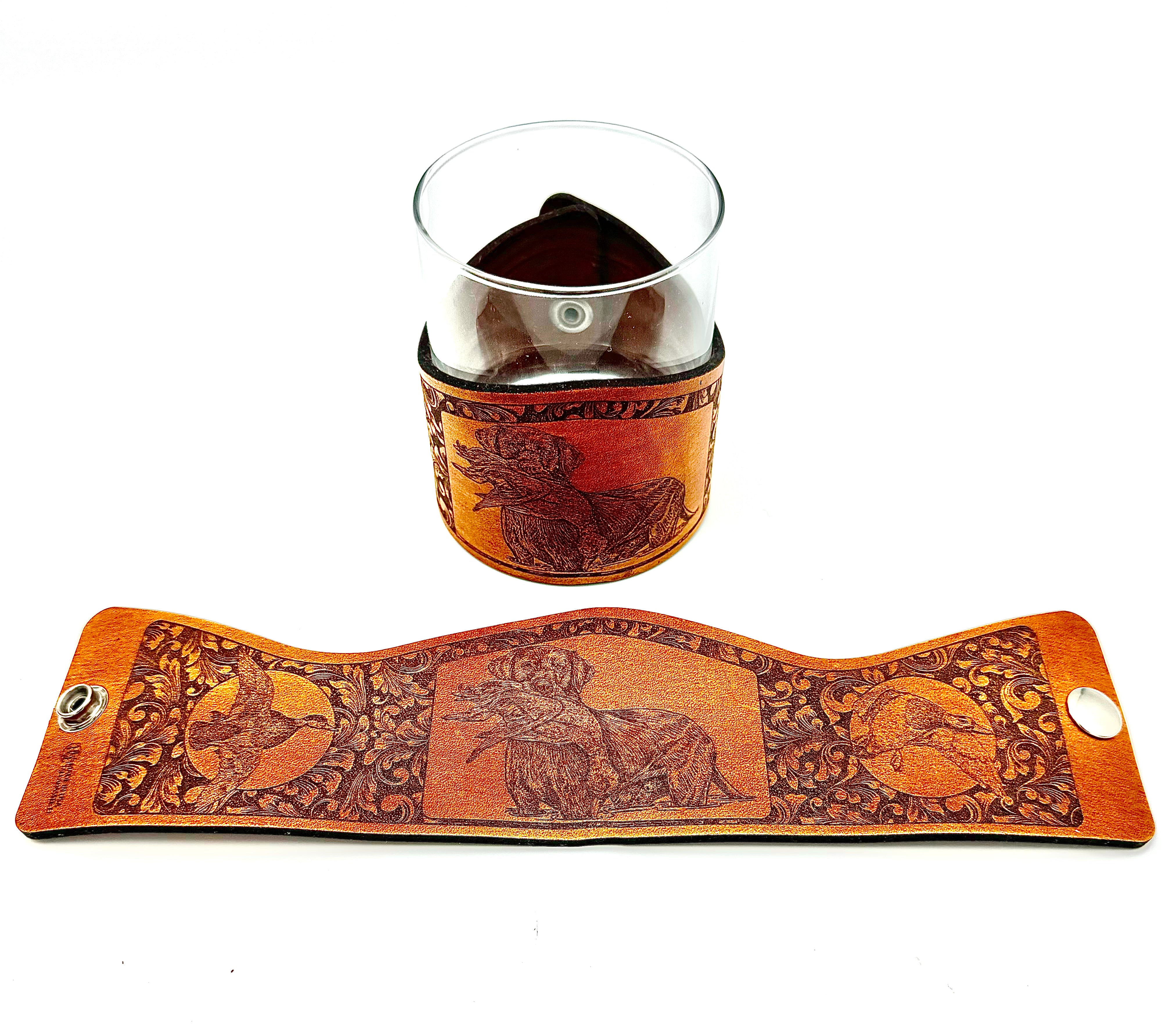 Whiskey Glass Leather Wrap - Mallard Retreived Bird Dog Engraver glass