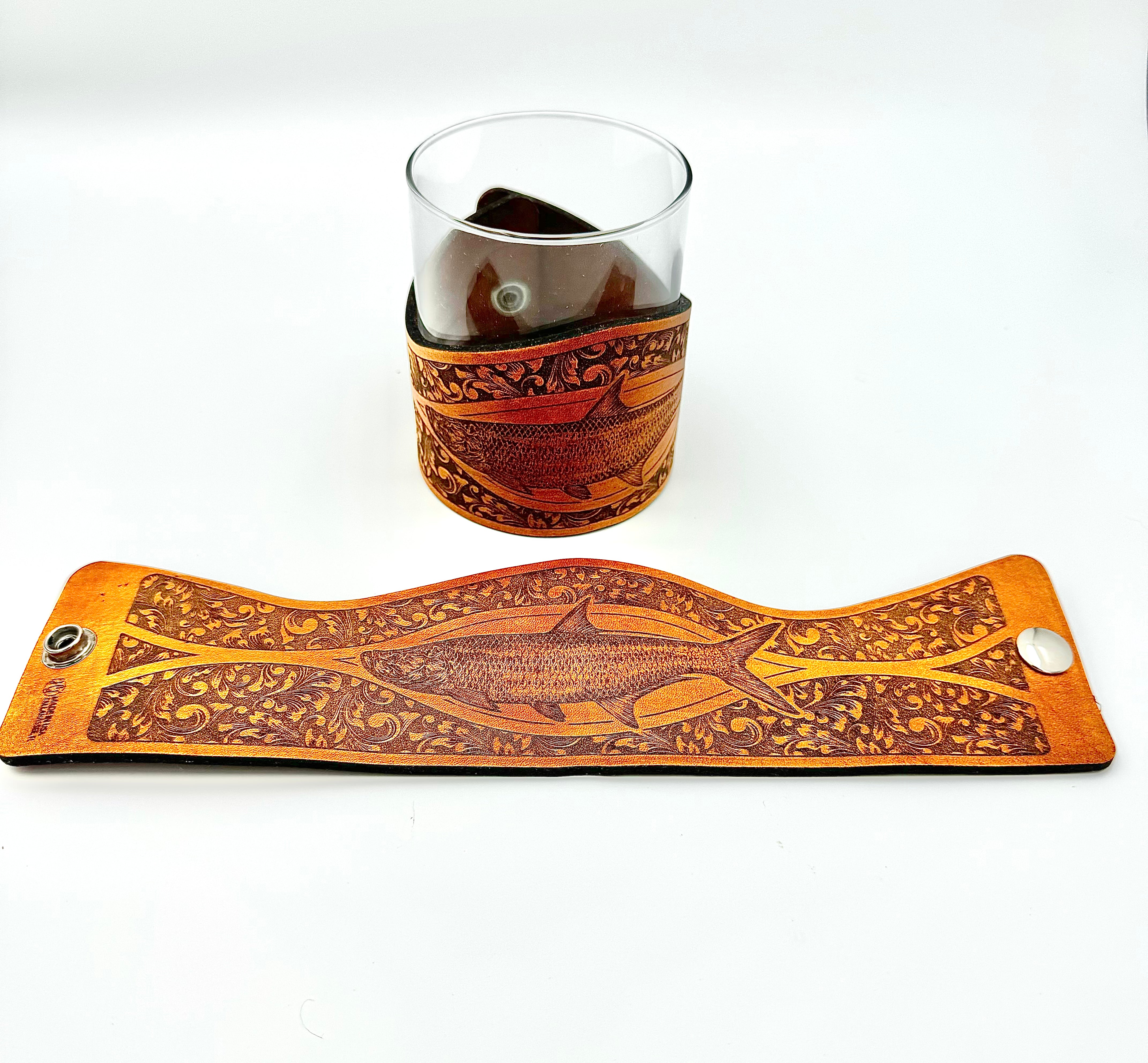 Whiskey Glass Leather Wrap - Tarpon Engraver glass