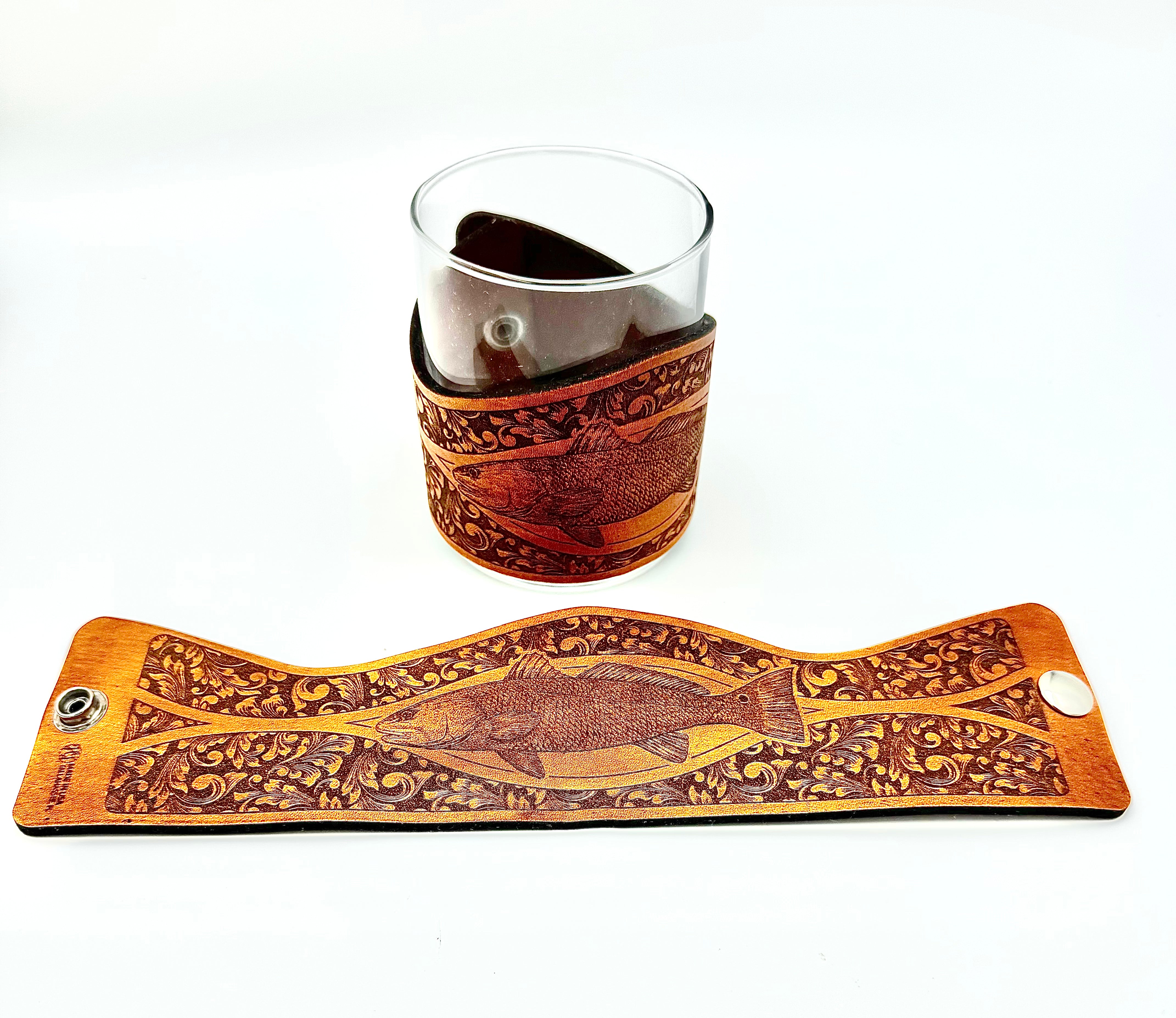 Whiskey Glass Leather Wrap - SC Style Redfish Engraver glass