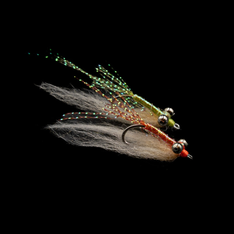 X-Mas Charlie bonefish flies by FINATICS - Tan/Orange and Tan/Chartreuse on Daiichi 2546